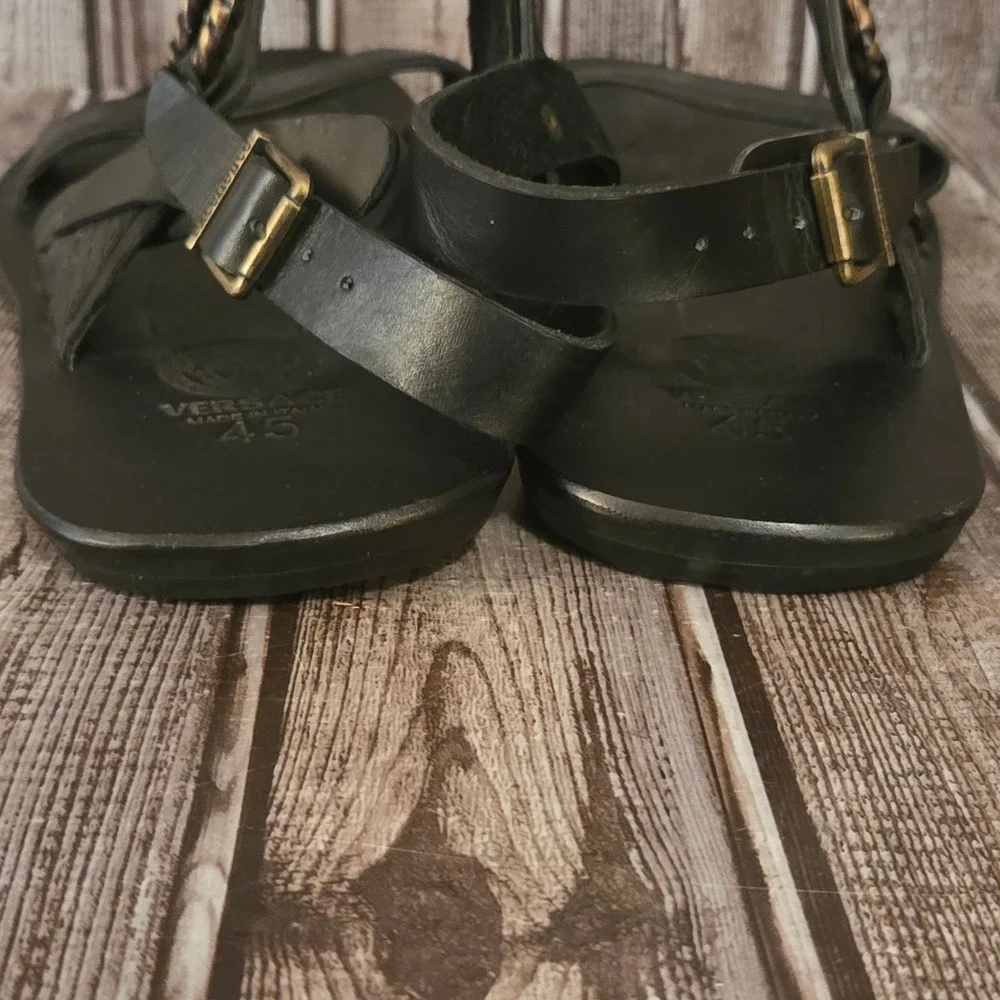 Sz 45 EU/ 12 US Mens Versace Medusa Black Embossed Leather Ankle Strap Sandals